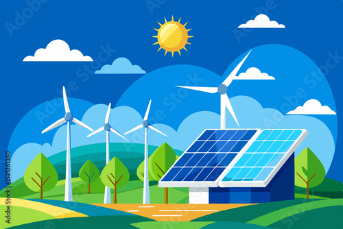 renewable energy landscape with solar panels, wind turbines and green environment for sustainable future