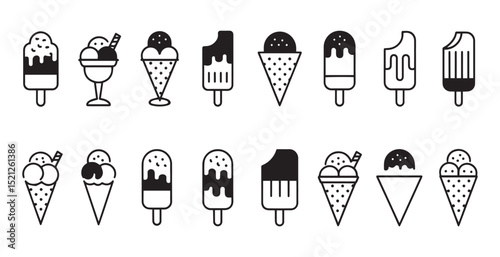 Ice Cream Icons Set – Line and Solid Style Dessert Symbols for Food Design, Menu, UI, and Summer Themes