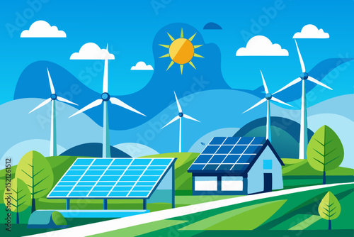 renewable energy landscape with solar panels, wind turbines and green environment for sustainable future