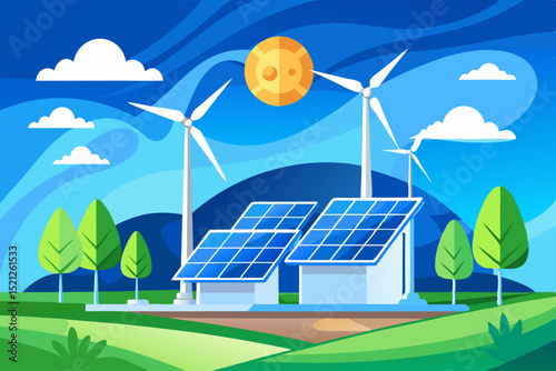 renewable energy landscape with solar panels, wind turbines and green environment for sustainable future