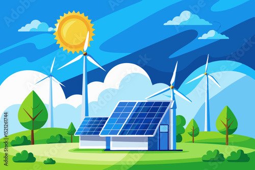 renewable energy landscape with solar panels, wind turbines and green environment for sustainable future