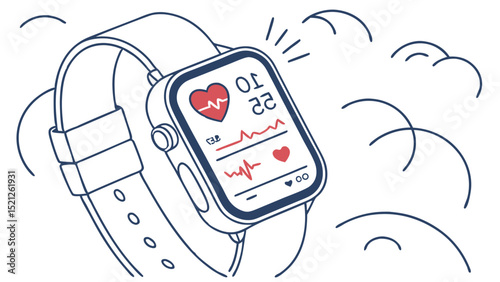 Illustration of a smart watch displaying heart rate and time surrounded by abstract cloud shapes