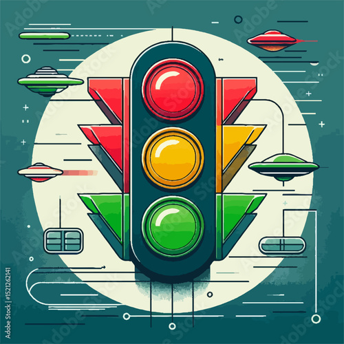 Retro-Futuristic Traffic Light Design with UFOs in Vibrant Geometric Style
