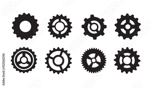 Eight silhouette gear illustrations showing different cog wheel designs