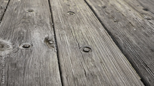 Intimate close-up of aged gray wooden deck surface, revealing natural grain and weathered texture, with soft lighting emphasizing aged bolts, top-down perspective ideal for realistic textures.