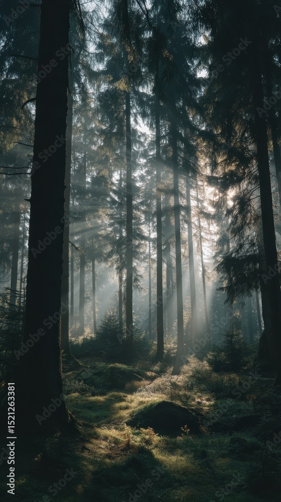 Naklejka premium artistic professional photo of foggy forest background with soft sun rays, perfect lighting, realistic and cinematic style