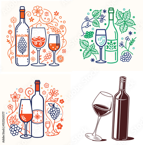 line art wine bottle glass icon set