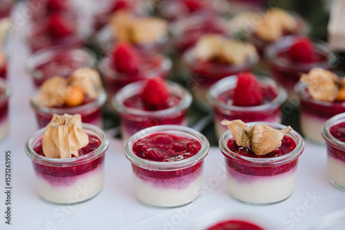 Leckeres Fruchtdessert auf einem sommerlich angerichteten Früchten in kleinen Gläsern