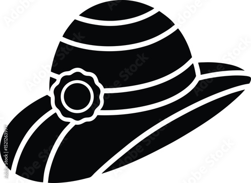 Elegant black and white sun hat vector illustration featuring floral detail and stripes