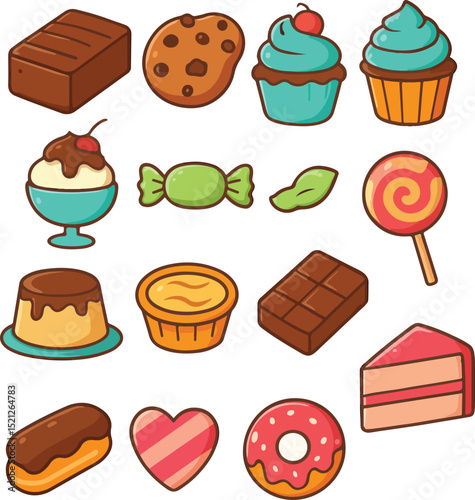 vector set of cakes, pastry, chocolate, lollypop, candy, tart, cookie, cupcake, donuts