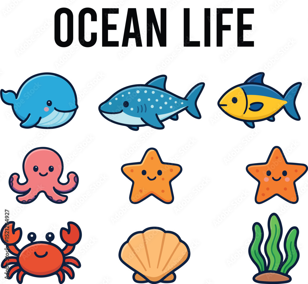 set of colorful cartoon sea animals. Wale, shark, tuna, octopus, star fish, crab, seashell, sea plant set of colorful cartoon sea animals. Wale, shark, tuna, octopus, star fish, crab, seashell, sea plant