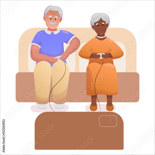 Cute elderly couple playing video games together. Happy seniors spending time together actively