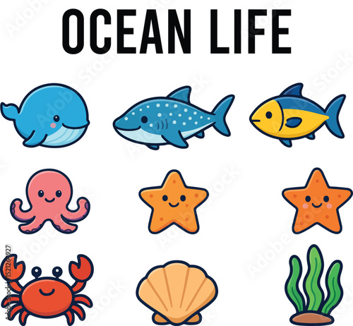 set of colorful cartoon sea animals. Wale, shark, tuna, octopus, star fish, crab, seashell, sea plant
