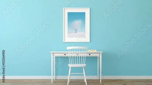 Sleek minimalist white desk with chair and framed photo, featuring a clean and uncluttered solid background.