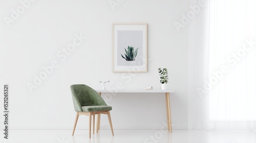 Sleek minimalist white desk with chair and framed photo, featuring a clean and uncluttered solid background.