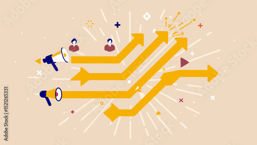Illustration of communication with megaphones and arrows showing direction and people icons for marketing
