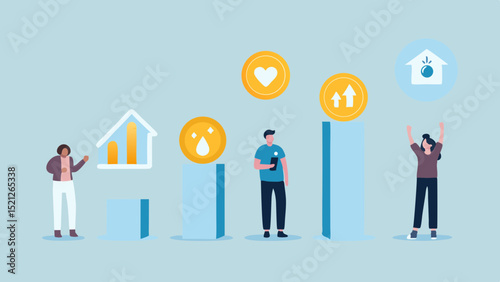Illustrated scene showing people and upward trending graphs and icons on a light blue background