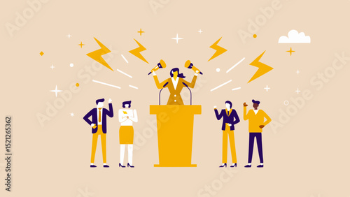 Woman giving a speech at a podium with microphones and people listening in a flat vector illustration