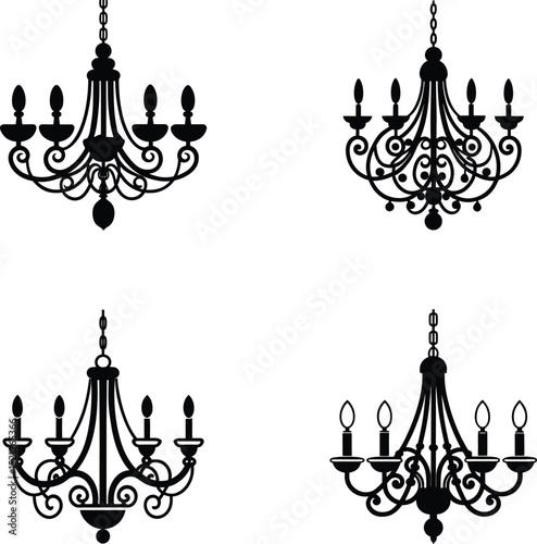 Collection of four elegant black silhouette chandeliers on white background for design