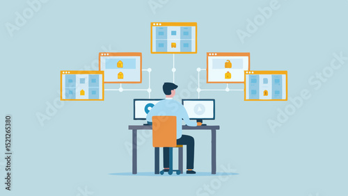 Person at desk with two monitors connected to multiple secure web pages in a network setup