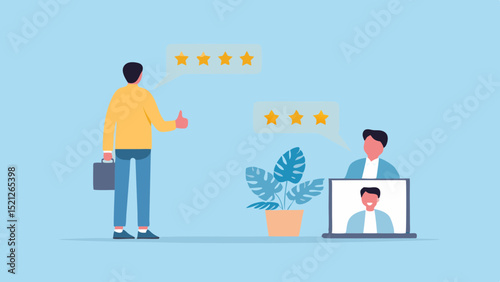 Man giving thumbs up with four star rating and video call with three star rating on light blue background