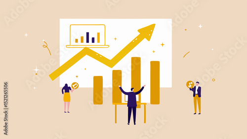 Illustration showing business growth with people and a rising arrow and bar graph display on screen