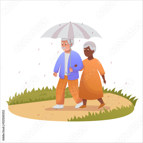 Cute elderly couple walking in the rain together. Happy seniors spending time outdoors together