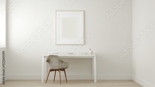 Sleek minimalist white desk with chair and framed photo, featuring a clean and uncluttered solid background.