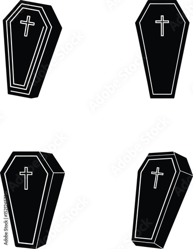 Black and white vector illustration of four different coffin designs with christian crosses