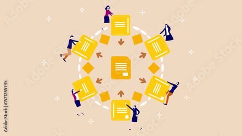 People interacting with documents in a circular flow representing data exchange or collaboration