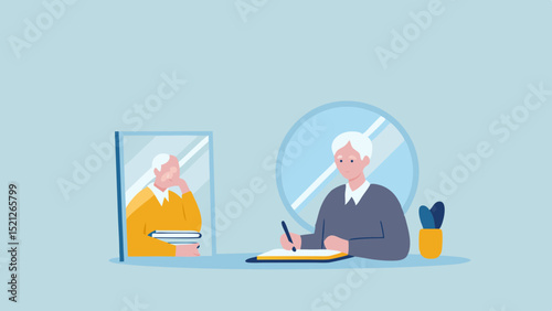Illustration of an older man writing at a desk with a mirror showing his reflection with books behind him