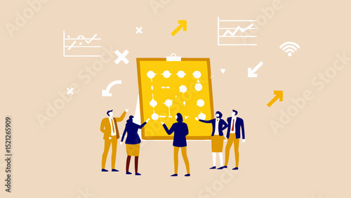 Team of professionals collaborating on a project with a yellow board and graph icons around them