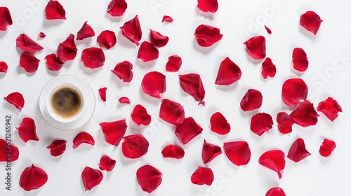 Minimalist flat lay featuring scattered red rose petals and a coffee cup on a pristine white background.