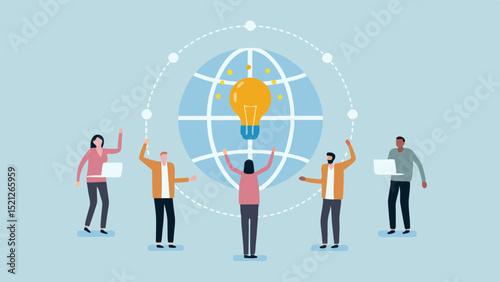 People standing around a globe with a lightbulb representing a global idea and collaboration concept