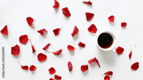 Minimalist flat lay featuring scattered red rose petals and a coffee cup on a pristine white background.