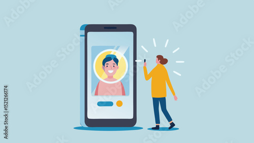 Person using phone to scan face on a large smartphone screen for facial recognition purposes