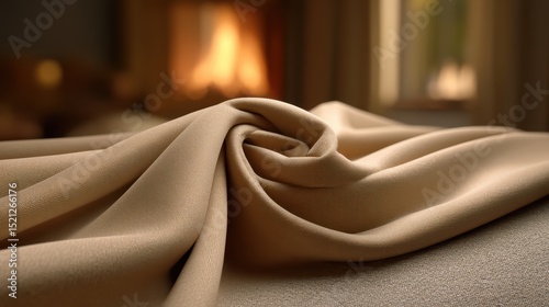 beige wool fabric surface with blurry fireplace background, cozy atmosphere