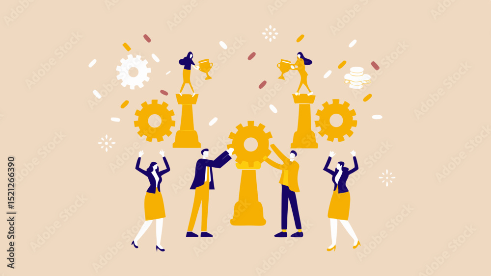 Fototapeta premium Teamwork and achievement illustrated with people gears trophies and chess pieces in a celebratory scene