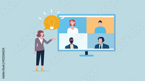Illustration of a woman presenting an idea via video conference to a group of four participants
