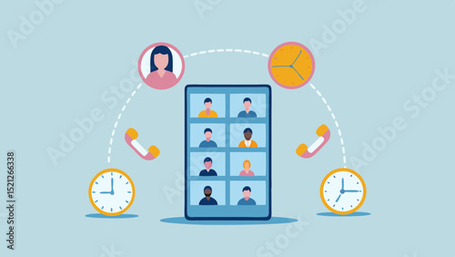 Illustration of a video conference call on a mobile phone with various people and clocks around it