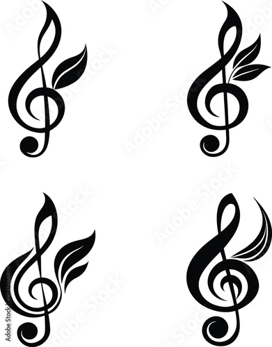 Elegant black treble clef designs adorned with organic leafy elements on a white background