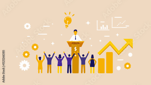 Business presentation with speaker, audience, lightbulb, and upward trending graph illustration