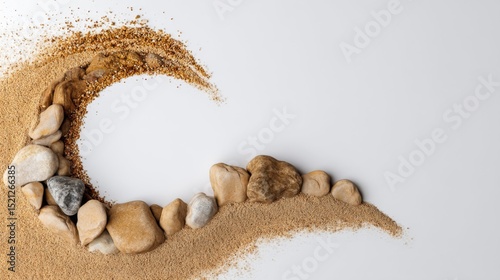 Artistic Arrangement of Sand and Stones Creating a Wave Shape on a White Surface for Nature and Serenity Concepts photo