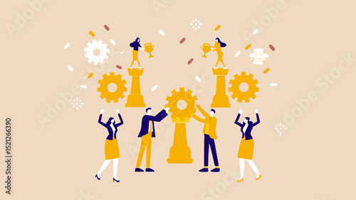 Teamwork and achievement illustrated with people gears trophies and chess pieces in a celebratory scene