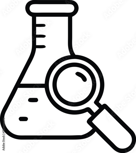 Science research and analysis icon with lab flask and magnifying glass for scientific study