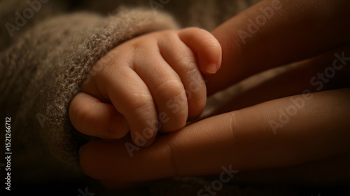 A tiny baby's hand grasping an adult's finger, symbolizing the innocence and tenderness of human connection. Emotional bond concept
