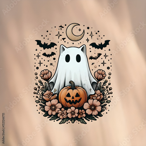 Whimsical Ghost Cat Holding Pumpkin Surrounded By Halloween Decor