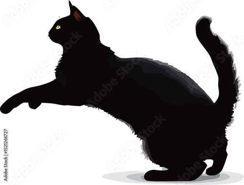 Silhouette of a playful black cat caught mid-leap against a white background.