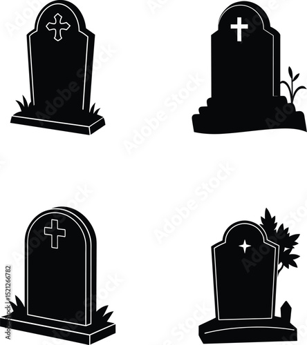 Four silhouette gravestones with cross symbols perfect for halloween and memorial concepts