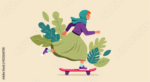 A lively and empowering digital illustration featuring a young woman wearing a hijab confidently riding a skateboard, surrounded by swirling, vivid green leaves.